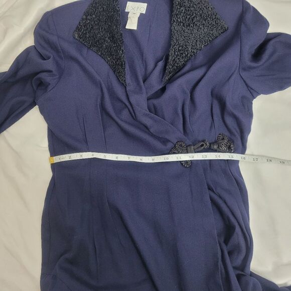 VINTAGE 80s dress navy blue chenille collar wrap maxi M - Picture 11 of 12